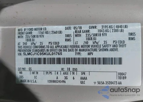 2019 Lincoln Mkc Standard from USA, damaged, VIN 5LMCJ1C95KUL01765